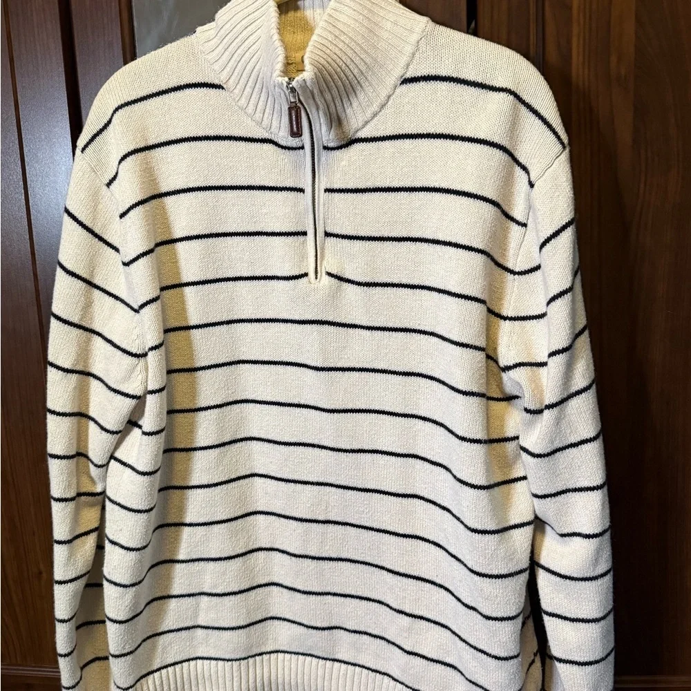 J. Crew Men's Cream and Black Striped Heritage Zip-Up Sweater size Large